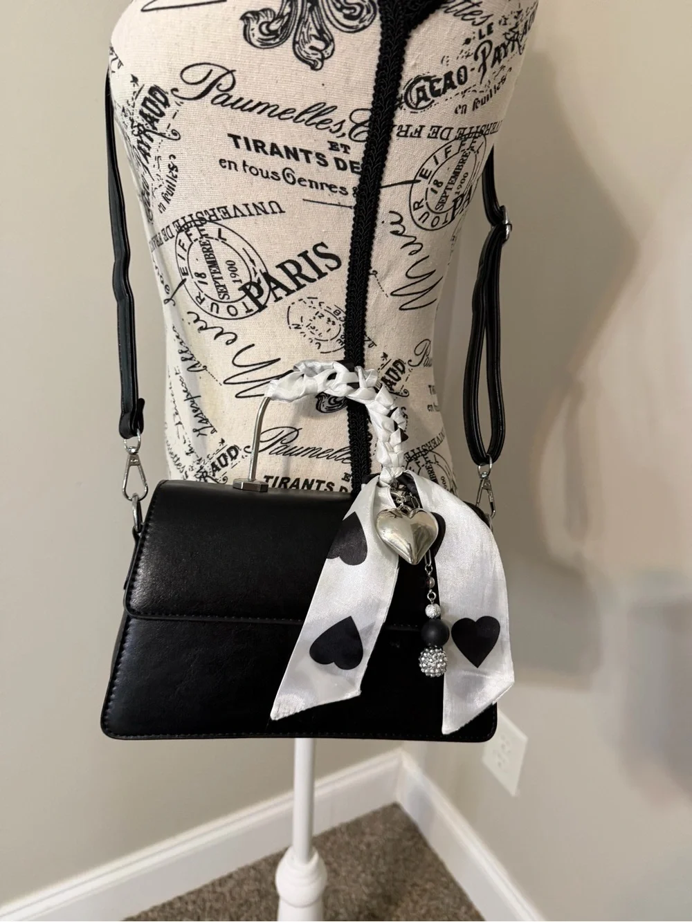 Women's Top-Handle Bag Black with Heart Scarf Accent